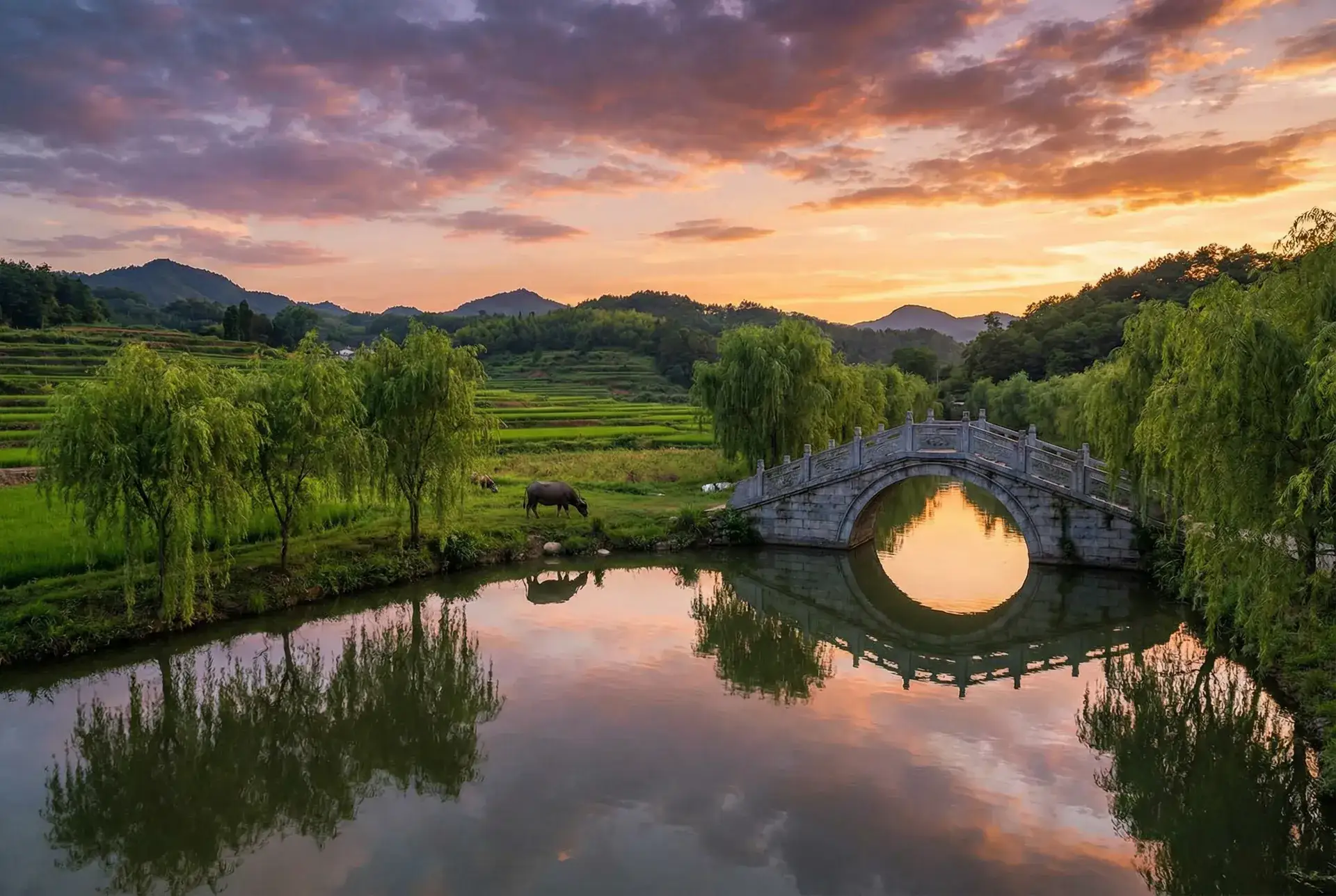 夕阳下的石拱桥与垂柳，水牛在河边吃草 - 青榴社区视频在线观看 乡村美景